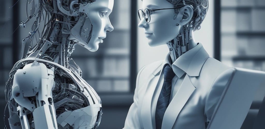 A detailed robotic figure stands on a wooden surface. The robot features intricate metallic components, including articulated arms and legs, and a complex head design with visible mechanics. Its overall aesthetic is metallic, with a prominent gray and silver color scheme accented with darker and lighter shades. The robot appears poised and ready for action, with one arm equipped with a circular saw-like mechanism.