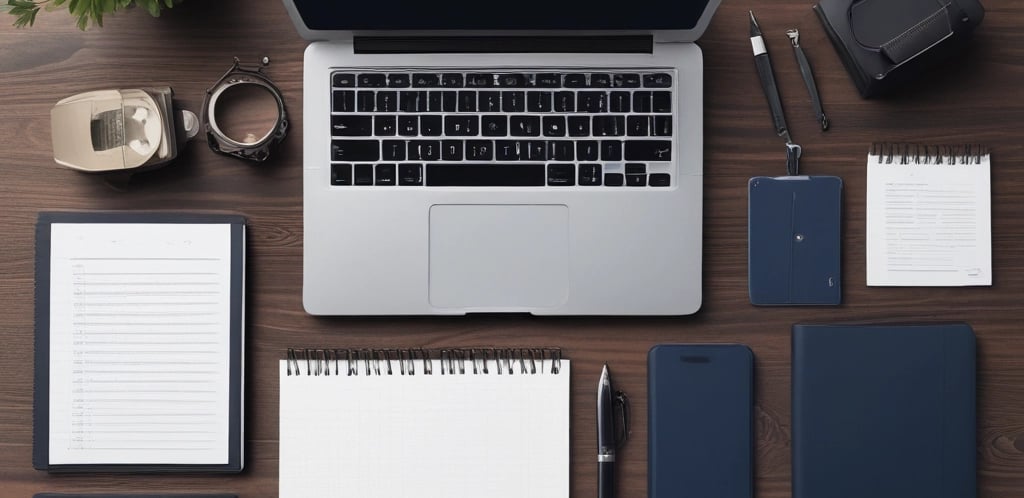 A professional office desk with a laptop, financial documents, and a scale of justice softly lit by natural light.