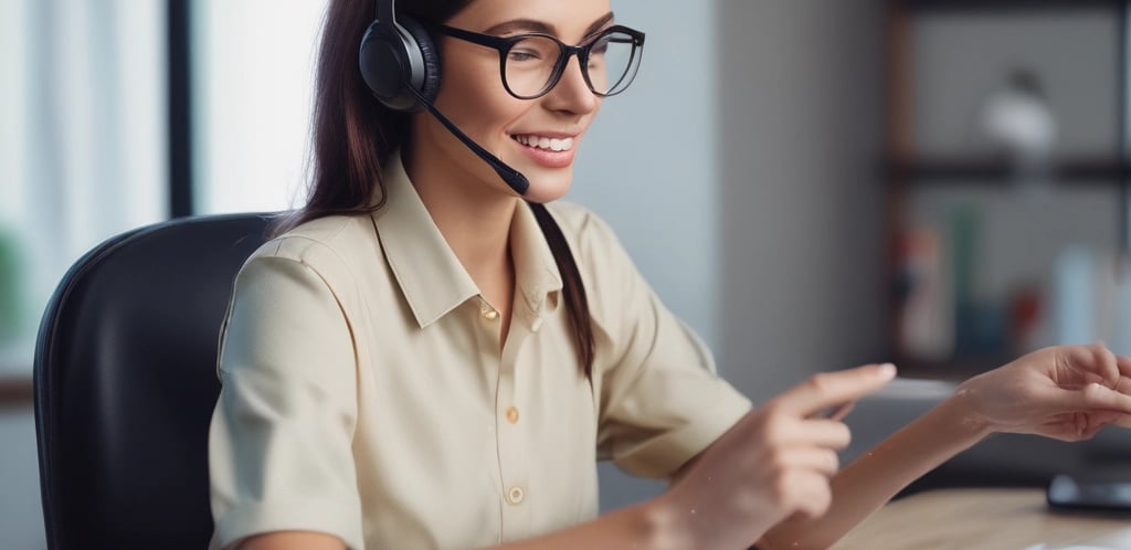 A friendly customer service representative sitting at a desk with a laptop and notepad.