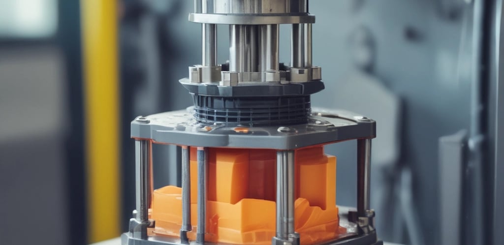 Close-up view of a metallic engine component, featuring intricately designed parts with bolts, grooves, and a triangular emblem. The metallic surfaces have a polished finish, reflecting light subtly.