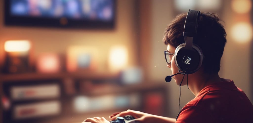 A person wearing headphones is sitting in front of a computer setup with multiple monitors displaying colorful, blurred graphics. The headphones have a distinctive logo illuminated in green. The ambient lighting and screen glow add to the immersive gaming environment.