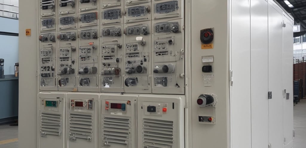 A large gray industrial electrical panel with an on/off switch is mounted on the side of a gray wall. Above the panel are multiple electrical conduits running upward. The surrounding area appears to be a utility or storage room with a wooden board and some equipment in the background.