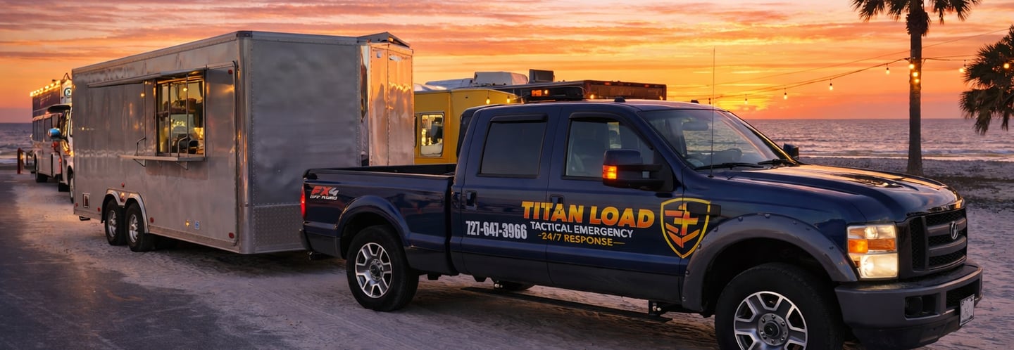Titan Load hauling a food truck trailer with Ford F-250 service truck in St. Petersburg Florida