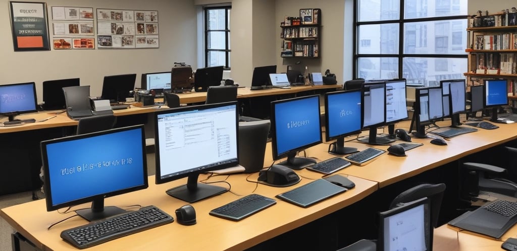 A friendly business consultant at a desk with a laptop and paperwork, ready to assist clients.