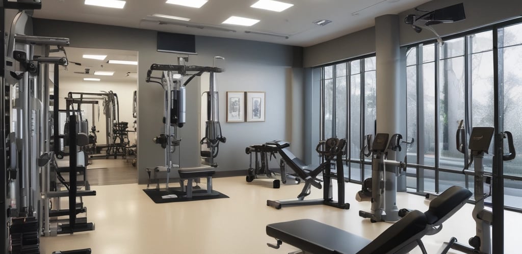 a gym room with a lot of equipment and a lot of windows