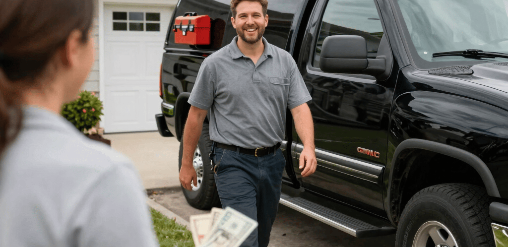 A smiling service technician in a gray uniform walks toward a customer holding cash near his black work truck.