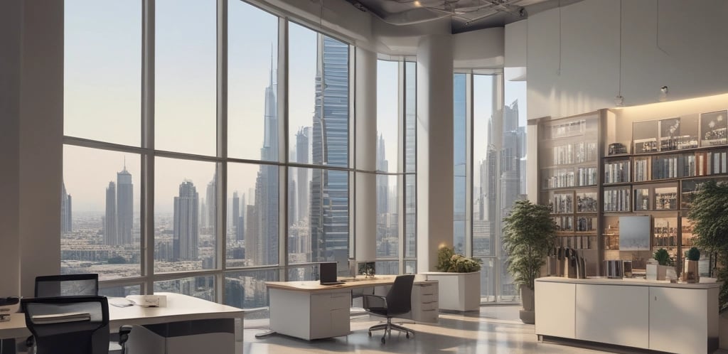 A sleek office building in Dubai with the fasco trading llc logo prominently displayed on the entrance.