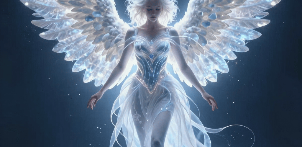 Soft pastel illustration of a serene angelic figure with delicate wings and subtle golden sparkles.
