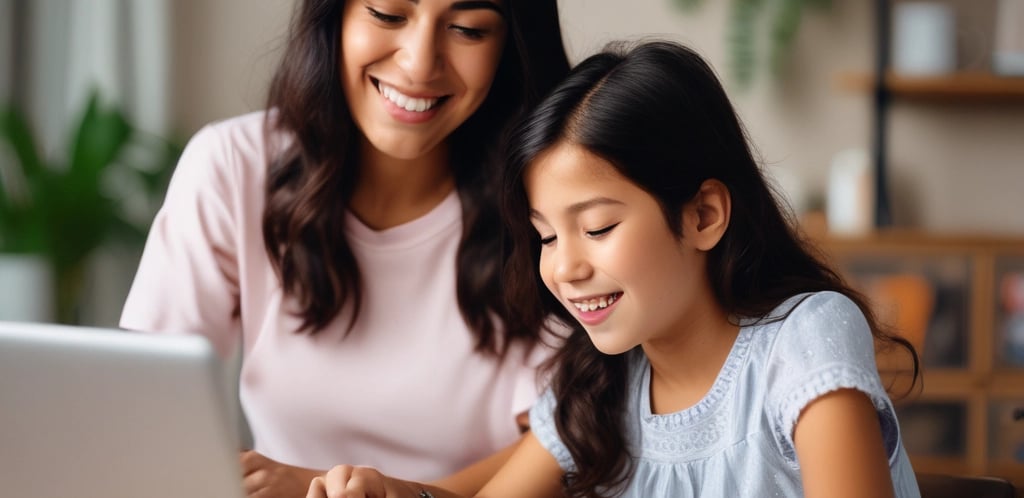 A friendly teacher helping a child and an adult learn English together in a colorful classroom.