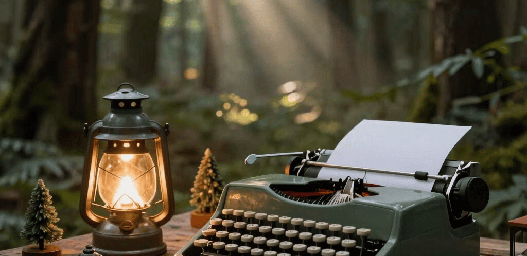 A cozy desk with a glowing lantern and scattered forest-themed trinkets beside a vintage typewriter.
