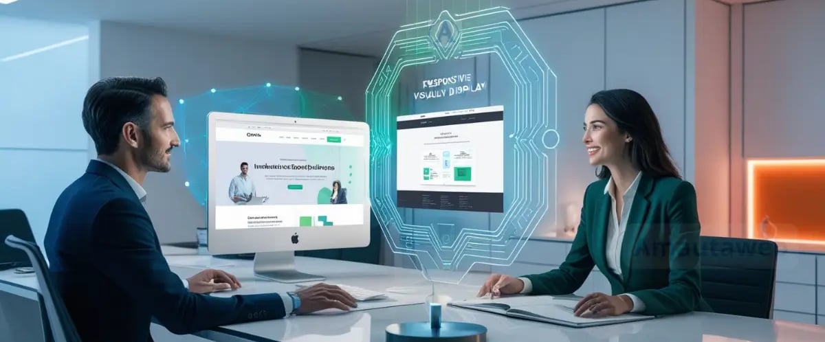 Un hombre y una mujer en un ambiente de oficina moderna analizan diseños web interactivos proyectados en hologramas.