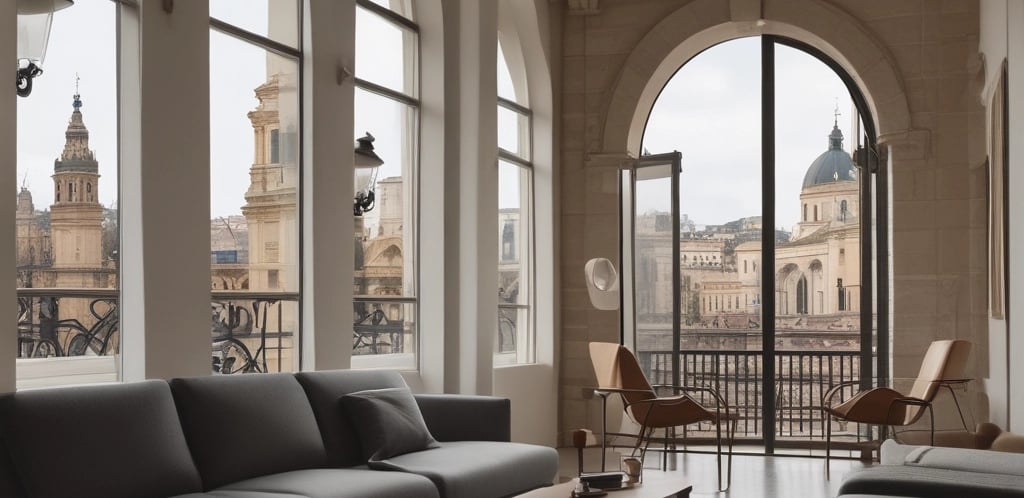 A cozy living room with a large window showing a city view.