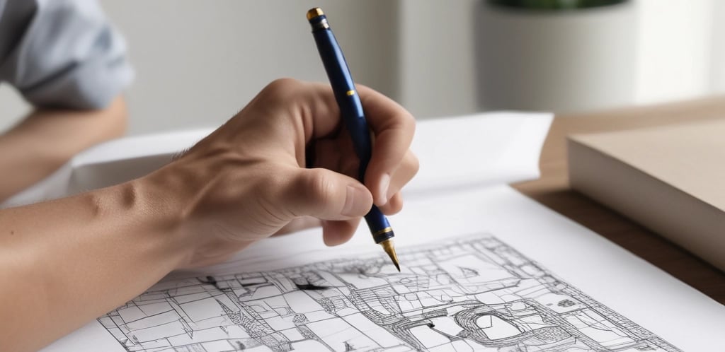 A professional team discussing project plans around a table with blueprints and tools.