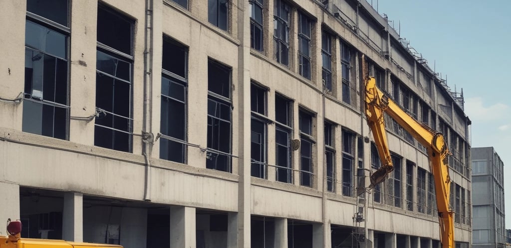 Industrial building exterior with construction equipment and clear sky background