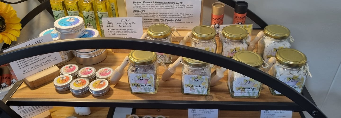 a display case with various types of products