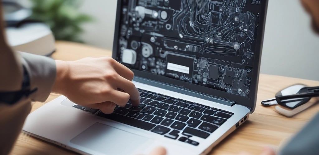 A sleek laptop with a vibrant abstract design on its screen is placed on a round, light grey table. The backdrop includes a modern architectural setting with perforated brick walls and a partially visible glass facade.