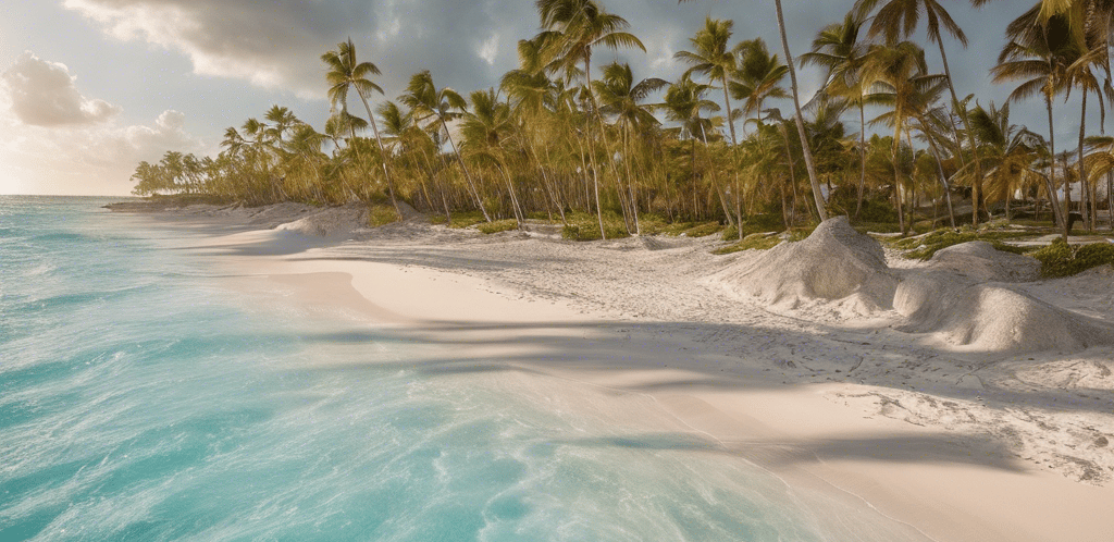 a sandy beach with palm trees and thatched umbrellas