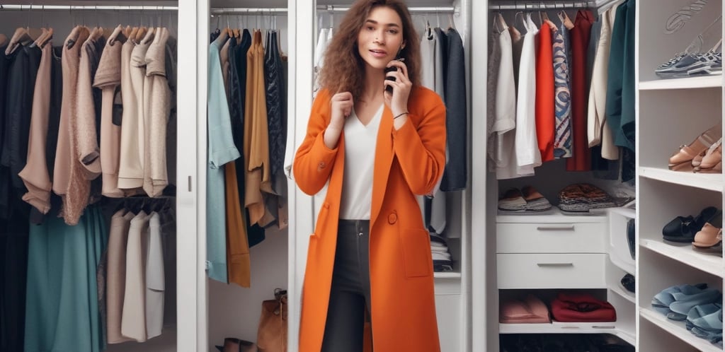 A stylish woman is dressed in a white sequined crop top and red pants, standing in a boutique or clothing store. She has long, wavy hair and is posing confidently beside a clothing rack filled with colorful garments. Nearby, there’s a mannequin wearing a floral dress, and a decorative vase with dried pampas grass adds an elegant touch to the scene.