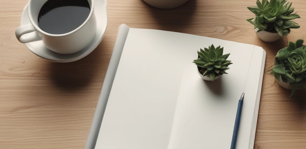 A calm workspace with a laptop, notebook, and a cup of tea, inviting connection.