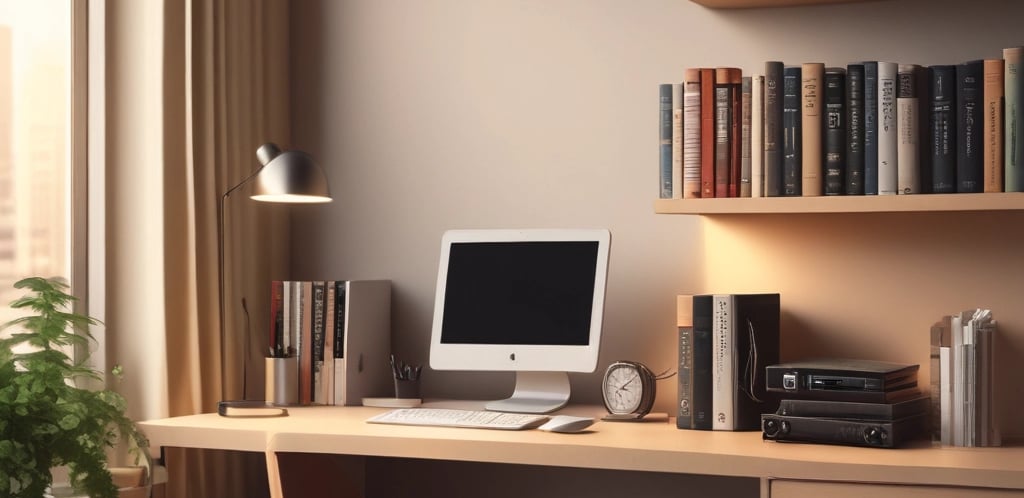 A welcoming workspace with books and a laptop, symbolizing study and communication.