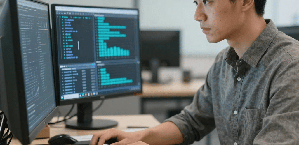 A sleek, dark-themed workspace with a laptop displaying data analytics and AI models.