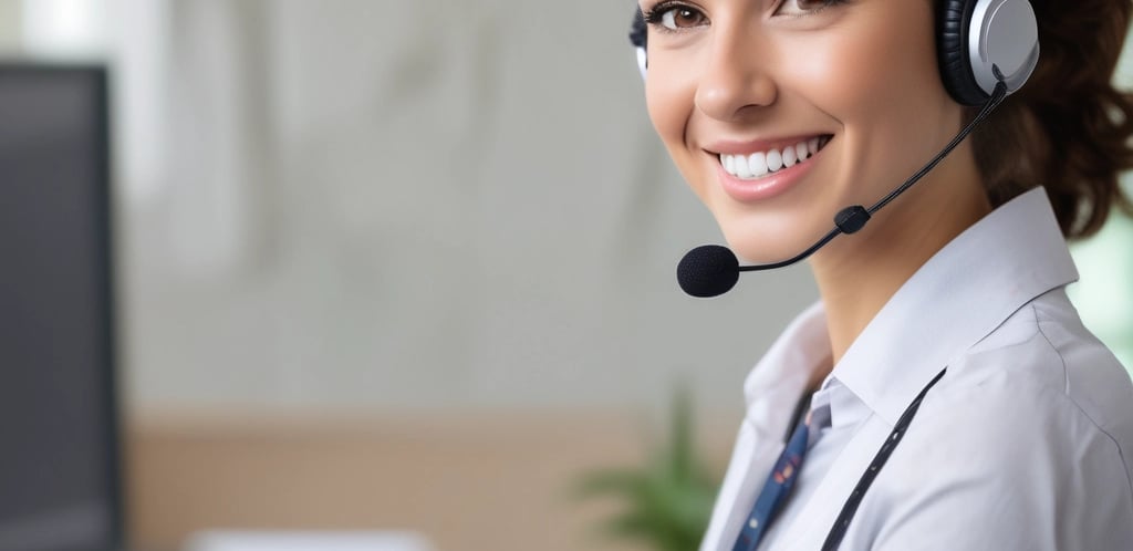 A friendly office receptionist answering a phone call with a smile.