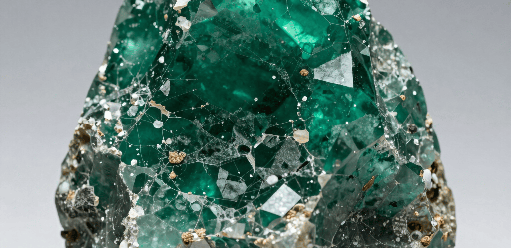 A sleek emerald gemstone glowing softly against a dark, elegant background.