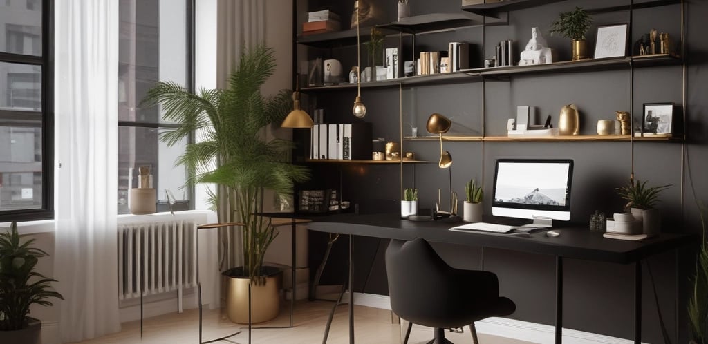 A sleek black and gold themed workspace with elegant lighting and a minimalist design reflecting a premium creative studio ambiance.