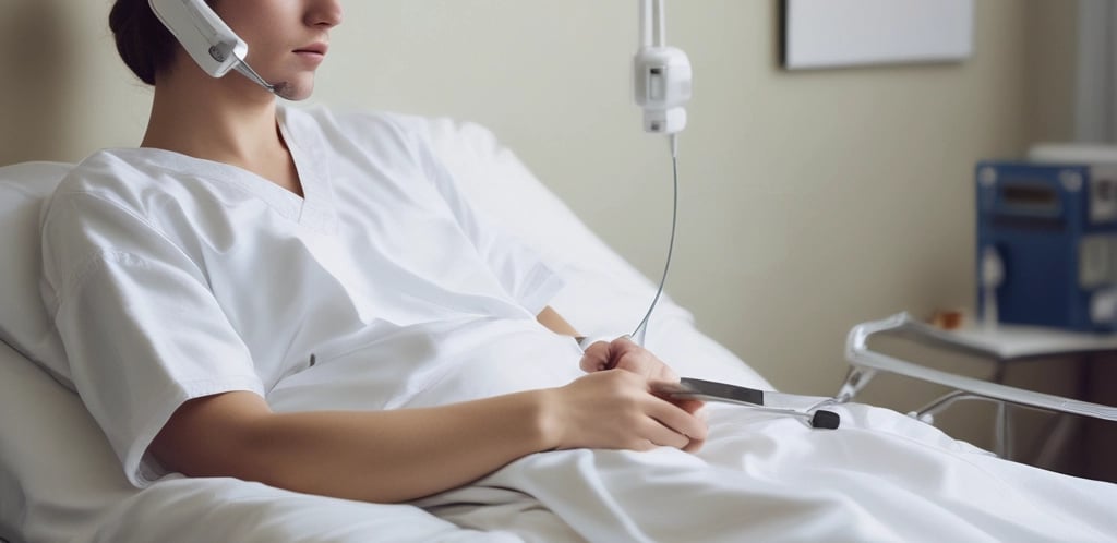 A young female patient wearing a communication device while resting in a white hospital bed.