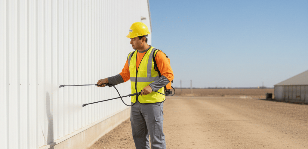 A pest control professional in safety gear sprays a white industrial building for termites.