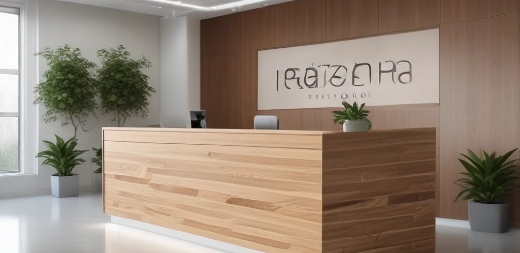 A clean, modern office reception area with the rezora healthcare logo prominently displayed on the wall.