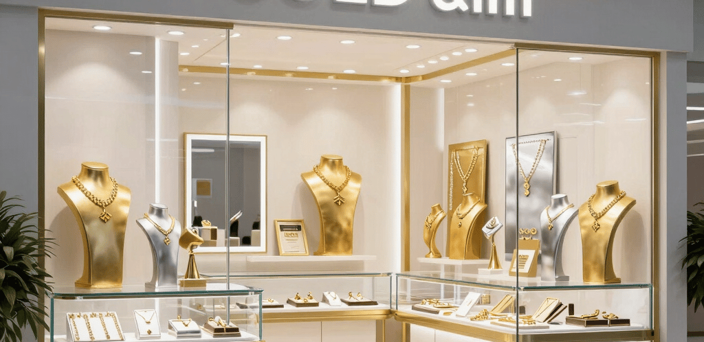 A warm, inviting storefront of s.p uma jewellers glowing softly in metallic blue and gold hues at dusk.