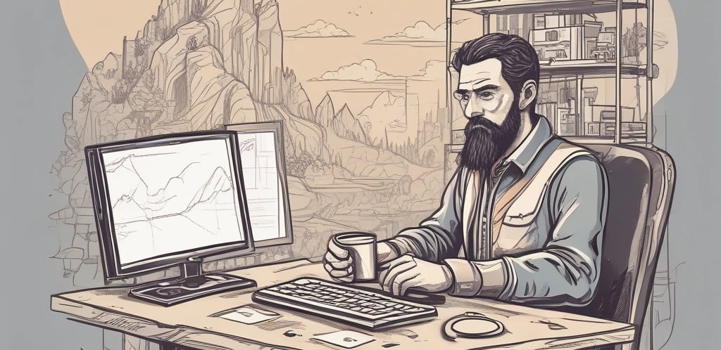 A person working at a music production setup with a large monitor displaying music editing software. The room has dim lighting with a red lamp casting a warm glow. Various studio equipment and accessories, such as a keyboard and mixing console, are present.