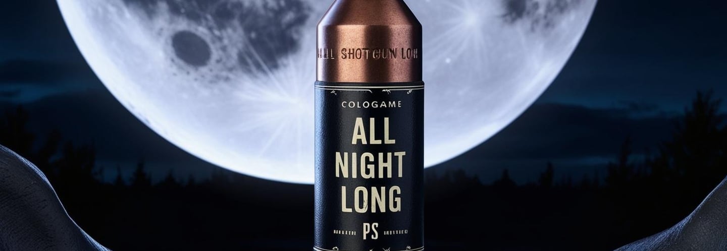 a shotgun shell shaped cologne bottle with a full moon in the background
