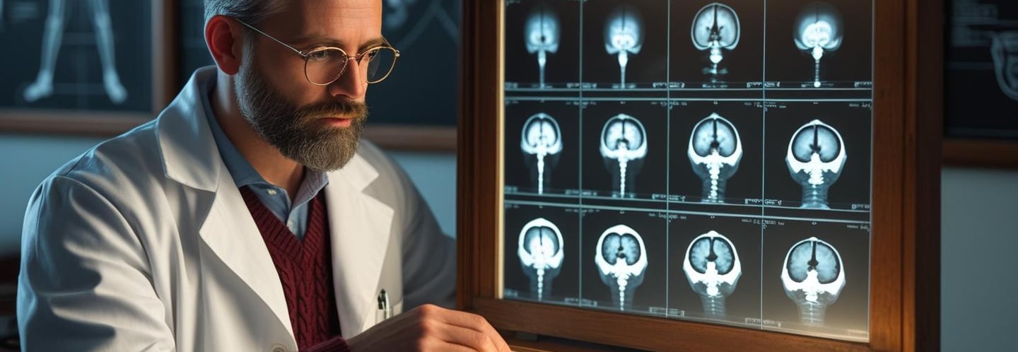Doctor reviewing brain CT and MRI scan results on computer