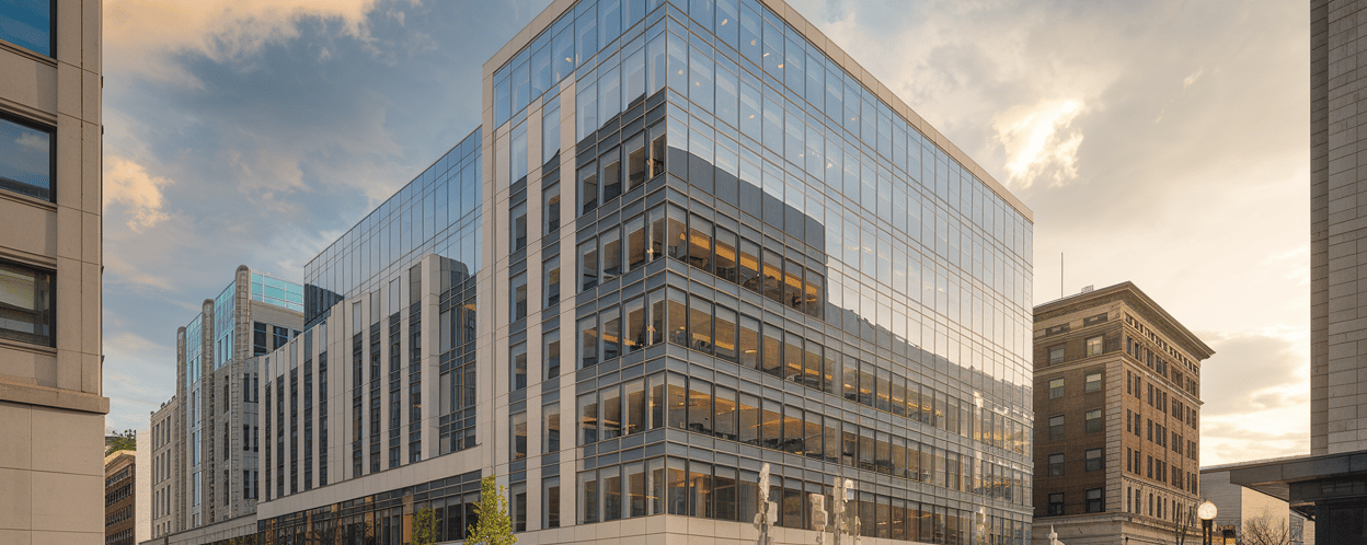 “Modern office building in Albany, New York representing Swan Street Consulting’s headquarters for b