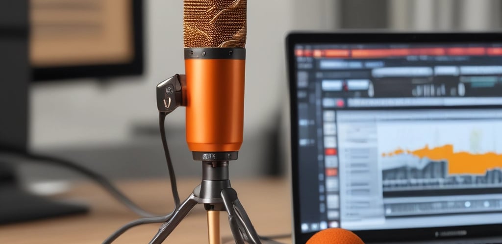 A cozy workspace with a laptop, microphone, and camera, symbolizing media creation.