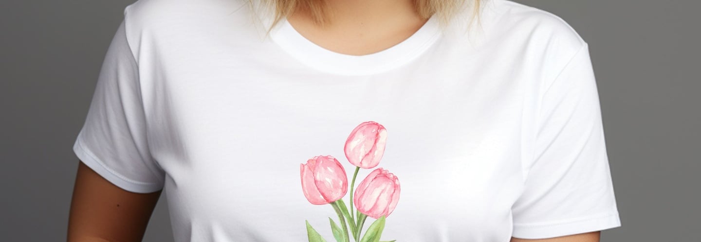a woman with blonde hair and a white shirt with a tulip