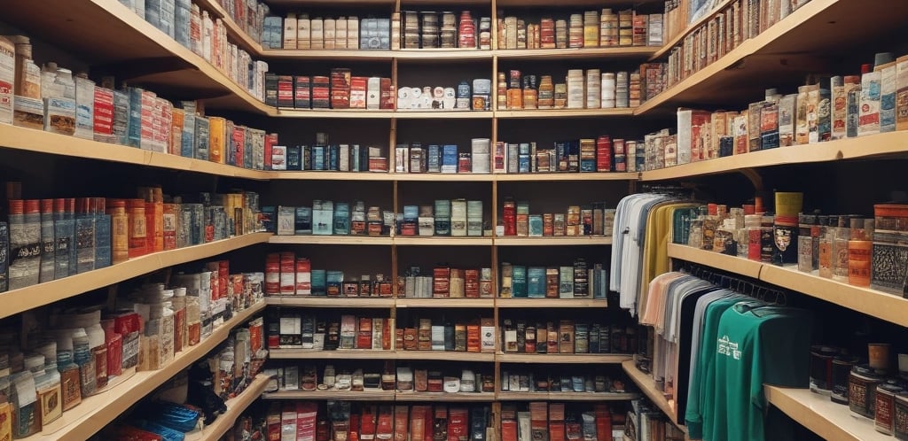 A traditional shop selling various dried goods, with shelves full of jars and containers. Two men interact in the brightly lit store, surrounded by an array of packaged products and handwritten signs displaying prices. Hanging light bulbs add a warm glow to the bustling environment.