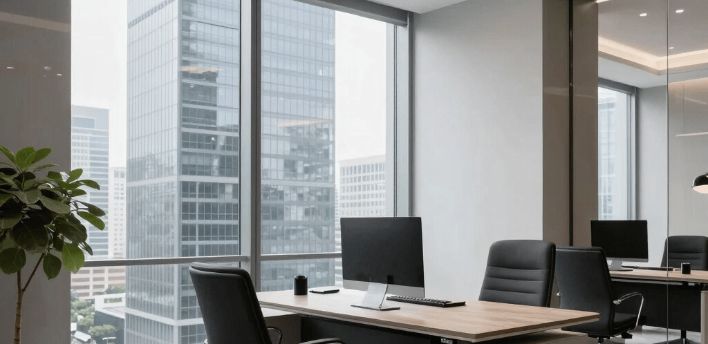 A sleek, minimalist desk with a crystal-clear glass vase holding fresh sky-blue flowers, bathed in soft natural light.