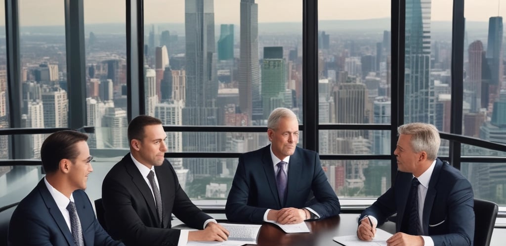 Four men in business attire are engaged in a discussion around a table. One man appears to be explaining something while pointing at some documents in front of them. The others are listening attentively, and one holds a pen and a mobile device. The setting is a plain office environment.