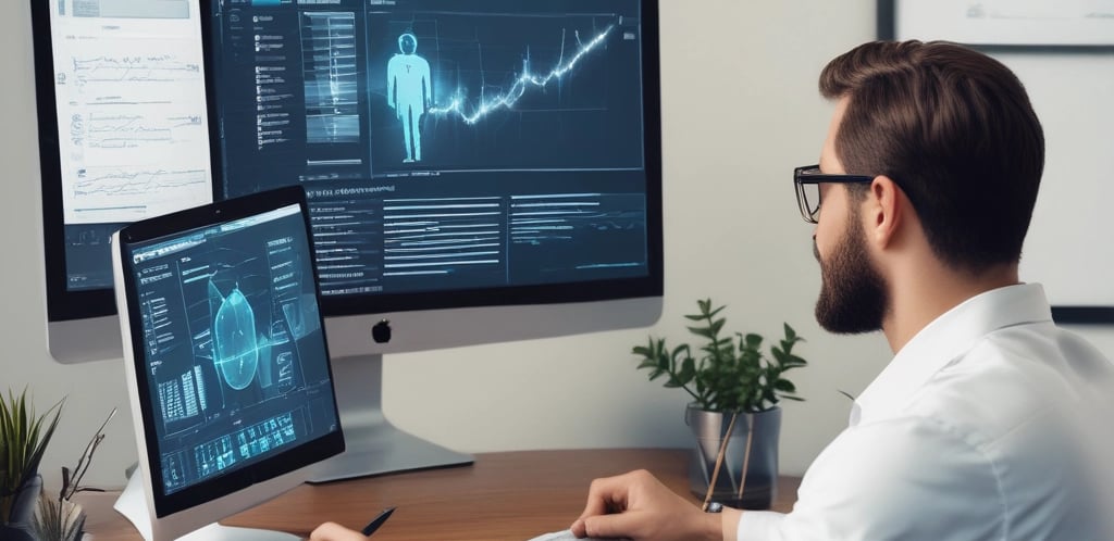 A man in a suit is working at a desk with a dual-monitor setup showing SEO presentation slides and data charts. The office environment is bright, with natural light coming from a nearby window, and a Rubik's cube is placed in front of the monitor.