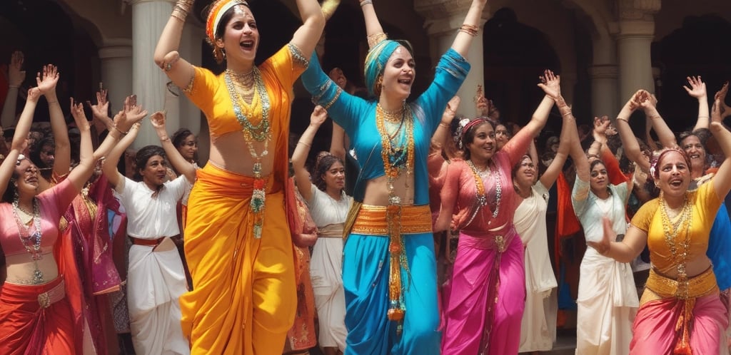 An ornate, colorful Hindu temple tower with intricate carvings and statues rises against a backdrop of a bright blue sky scattered with fluffy white clouds. Lush green trees surround the temple structure.