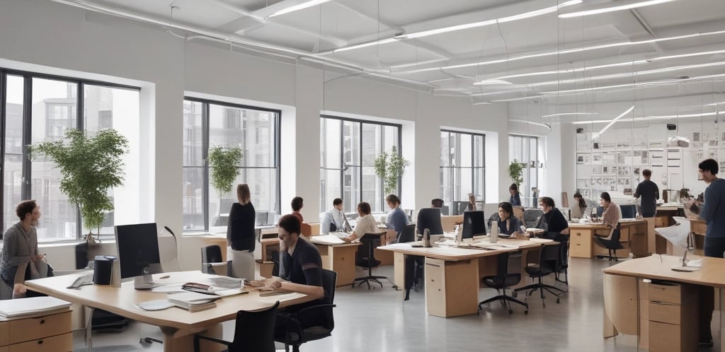 A professional team discussing plans over blueprints in a modern office setting.