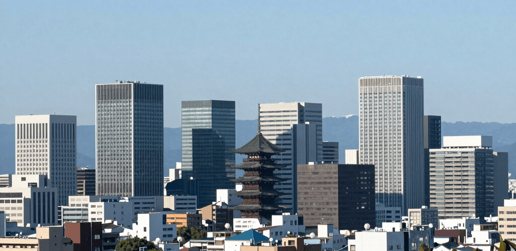 A serene Japanese garden with a stone lantern and blooming cherry blossoms under a clear sky.