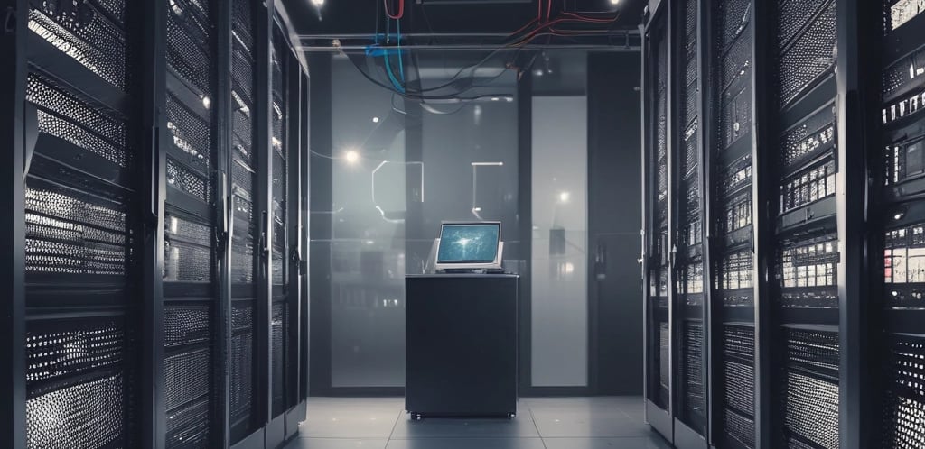 A computer lab with several rows of black desktop computers placed on tables, each connected with various cables. The room has a blue carpet and the walls have bulletin boards with posters. The arrangement suggests a classroom or training environment.