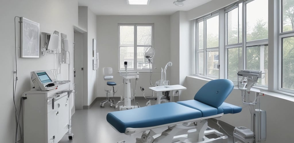 A calm, welcoming neurosurgery consultation room with medical charts and a comfortable chair.