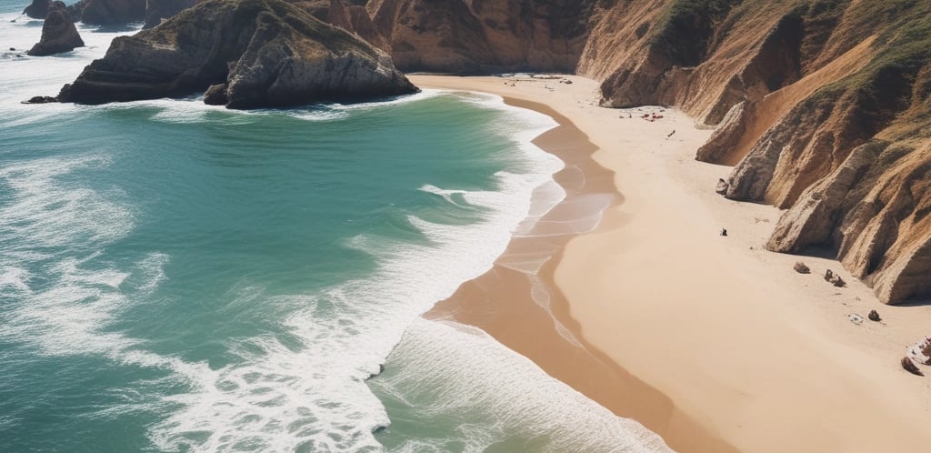 An aerial view of a coastal residential area featuring houses with landscaped gardens separated from the beach by a road lined with palm trees. The sandy beach meets the ocean with visible waves approaching the shore, and a few cars are parked near a roundabout.