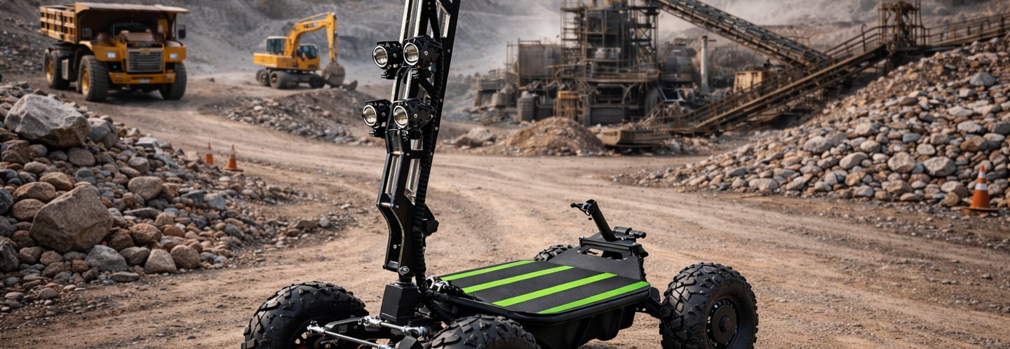 Oryx industrial electric scooter on rough terrain at a large worksite