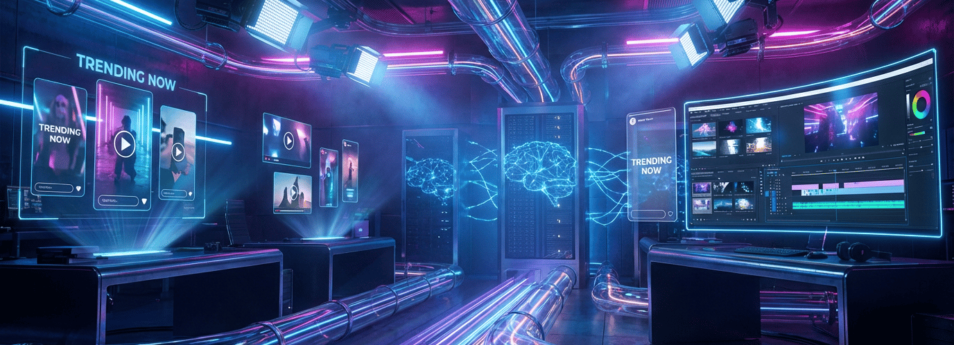 Futuristic AI video editing studio with neon fiber optic cables, server racks, and holographic digital interfaces.